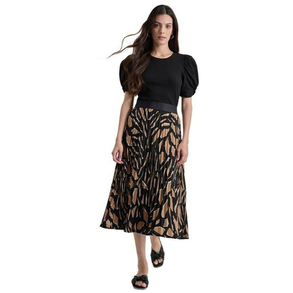 DKNY Women's Pull-On Printed Pleated Midi Skirt Black Brown L - Picture 1 of 10